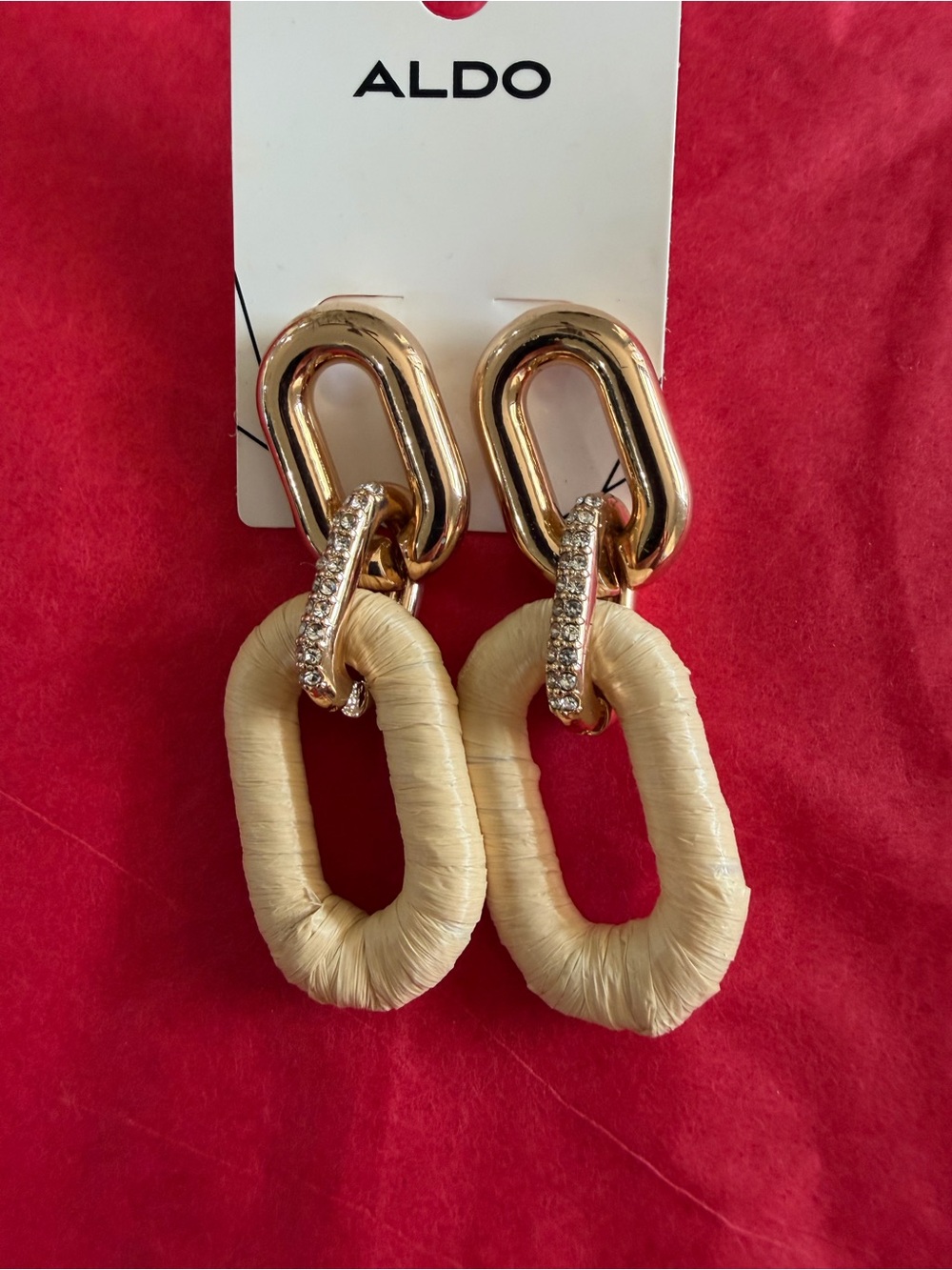 ALDO Gold and Beige Raffia-Link Drop Earrings with Crystal Accent